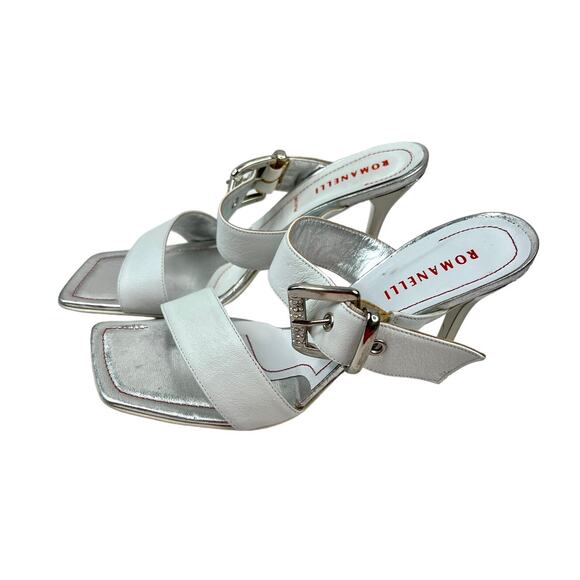 Romanelli Collezioni Size 9.5 Strap White Sandal w/Silver Heel Rhinestone Buckle - Picture 2 of 12